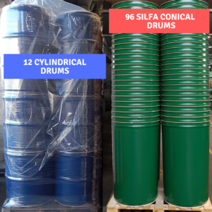A pallet of cylindrical drums compared to conical drums 